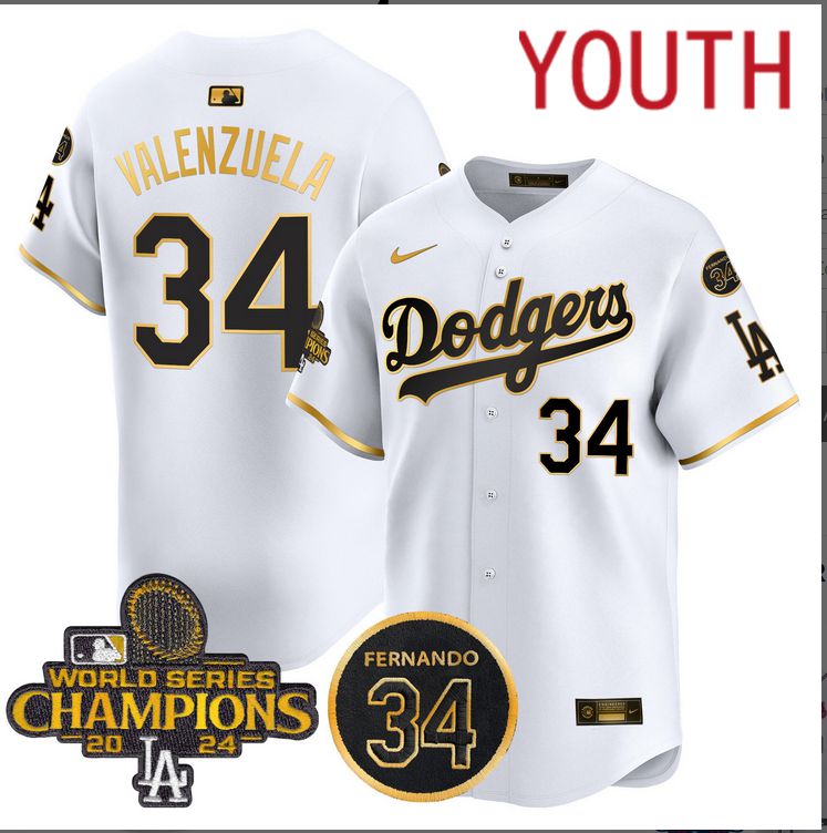 Youth MLB Los Angeles Dodgers #34 Valenzuela white 2024 World Series Champions Patch Limited Jersey style 3